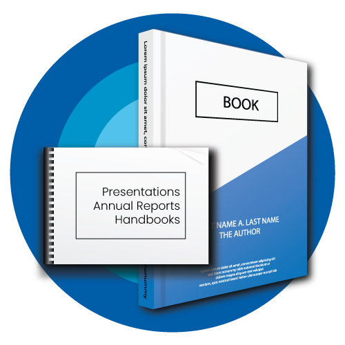 Dark blue circle icon with a white three ring binder for Healthcare plan benefits booklets on the healthcare industry page